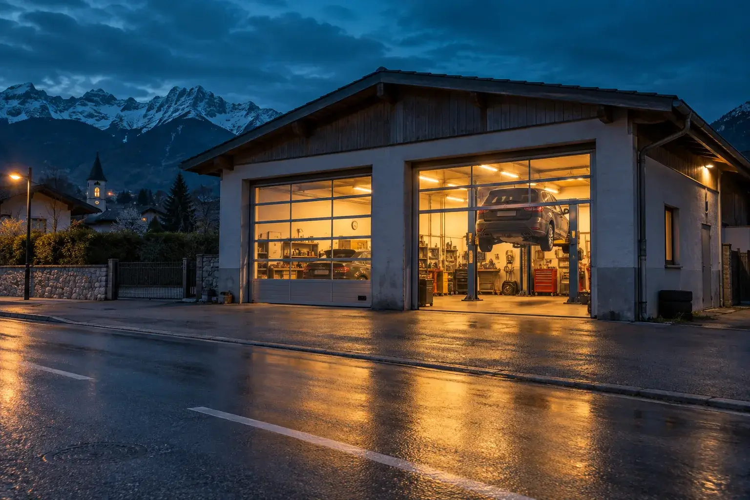 Façade du Garage Aplomb (fictif) à l’heure bleue : deux portes vitrées éclairées, une voiture sur un pont, montagnes au loin.