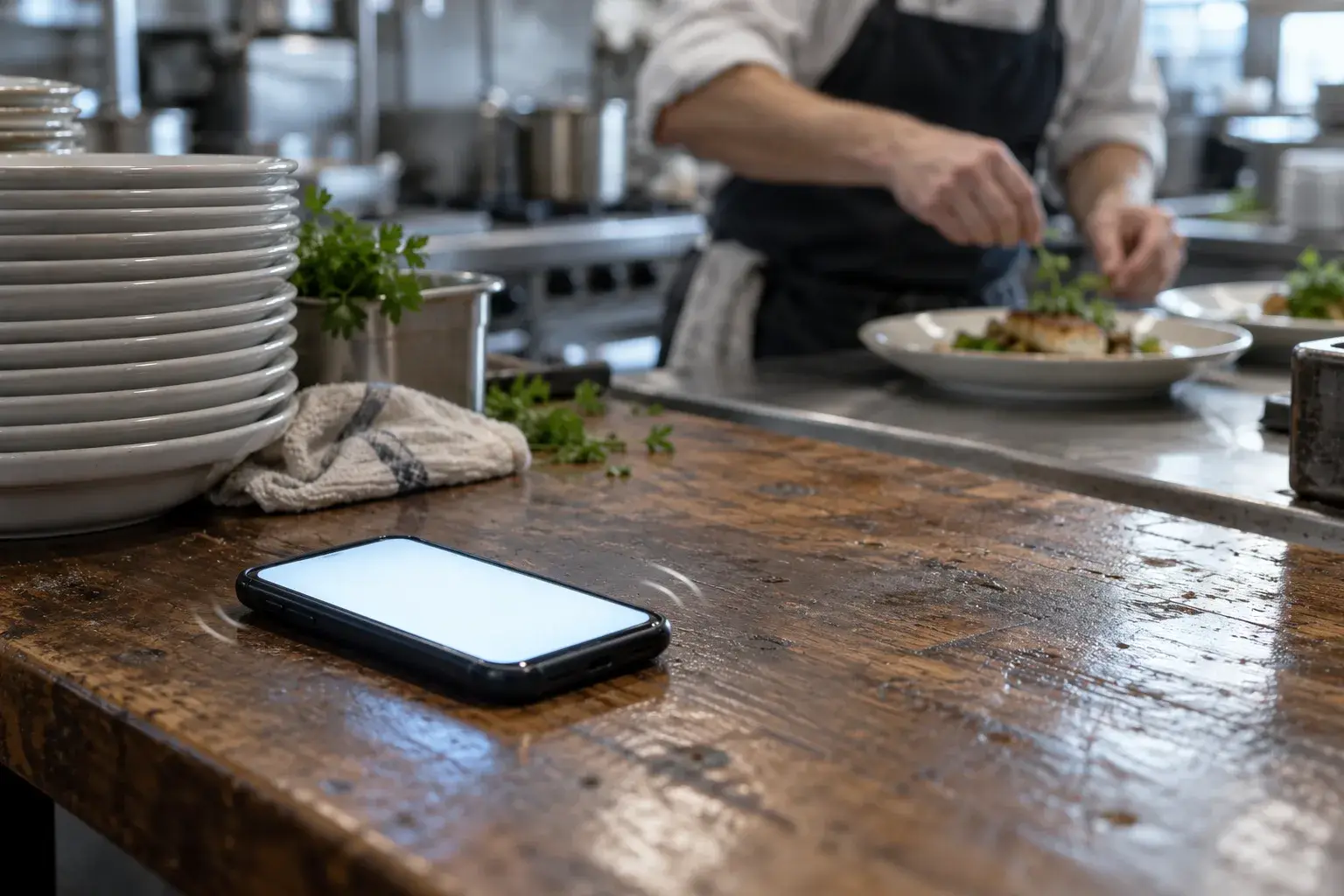Un téléphone sonne sur le comptoir d’un restaurant pendant que le cuisinier dresse une assiette.