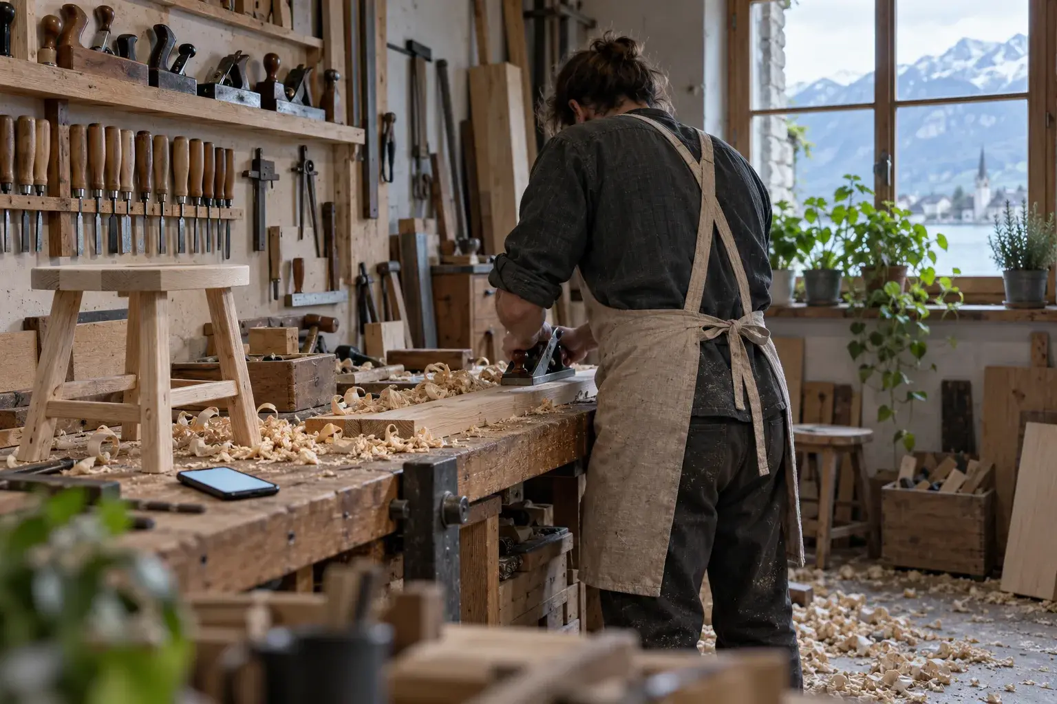 Un menuisier rabote une planche dans son atelier, un téléphone posé sur l’établi.