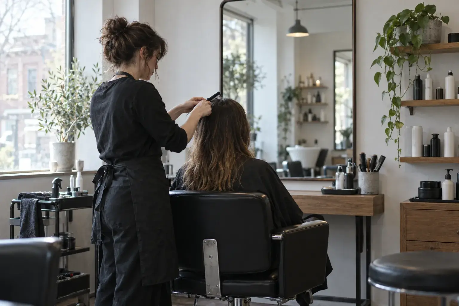 Une coiffeuse peigne les cheveux d’une cliente dans un salon de coiffure.