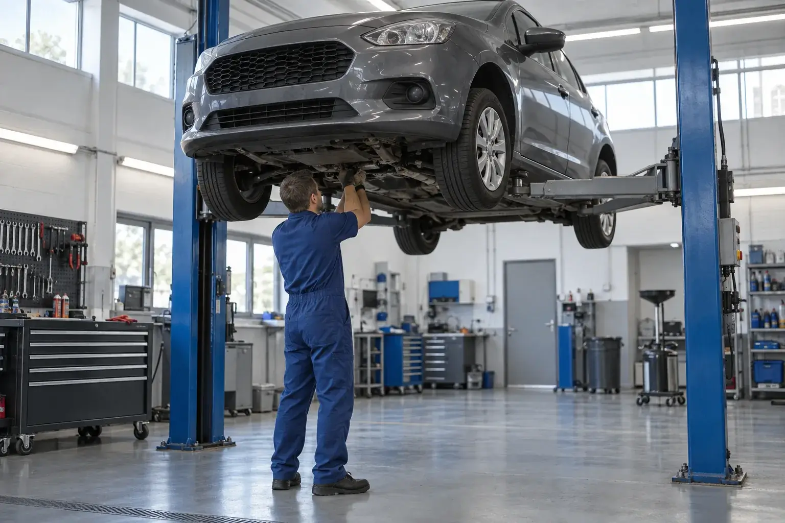 Exemple : garage. Une voiture compacte sur un pont élévateur à deux colonnes ; un mécanicien en bleu de travail règle quelque chose sous le véhicule.
