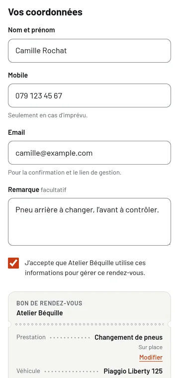 Module Créneau, écran Coordonnées : nom, mobile, email et remarque remplis, case d’accord cochée, bon de rendez-vous d’Atelier Béquille en dessous.
