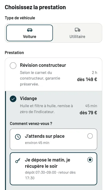 Le module Créneau aux couleurs de Garage Aplomb : écran Prestation, mode dépôt choisi.