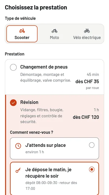 Le module Créneau aux couleurs de Atelier Béquille : écran Prestation, mode dépôt choisi.
